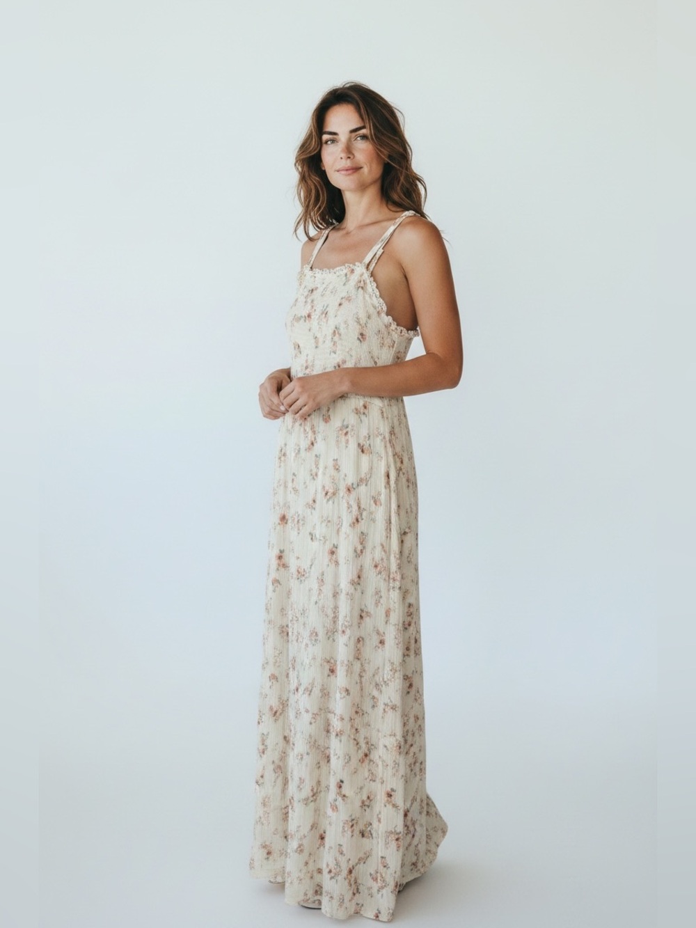 Wild Skye Floral Lace-Trim Maxi Dress in Cream